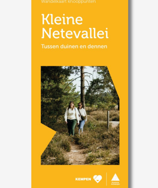 Gele voorzijde van de wandelknooppuntenkaart ‘Kleine Netevallei – Tussen duinen en dennen’. Op de foto wandelen twee vrouwen over een smal zandpad door een landschap met heide, dennenbomen en struiken.